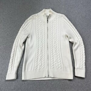 LL Bean Cable Knit Zip Up Sweater Womens Medium Petite Fisherman Chunky Ivory